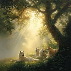 Wolves resting in sunlit forest nature scene wildlife photography tranquil environment close-up view serenity concept