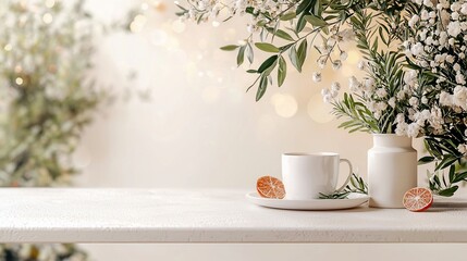 Fototapeta premium White teacup, flowers, and citrus on table.