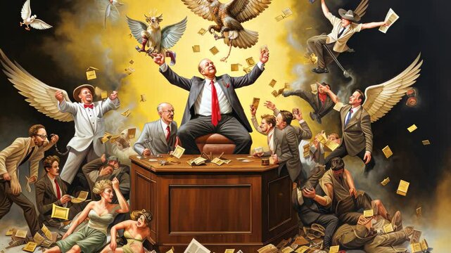 A vivid allegory depicting business triumphs and setbacks with dynamic characters celebrating and mourning around a grand desk overflowing with symbols of wealth and struggle