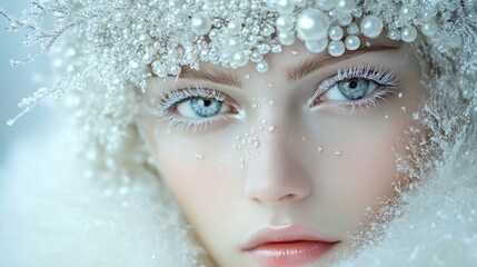 Enigmatic winter beauty adorned with shimmering pearls and frost in a dreamlike snowy landscape at twilight. Generative AI