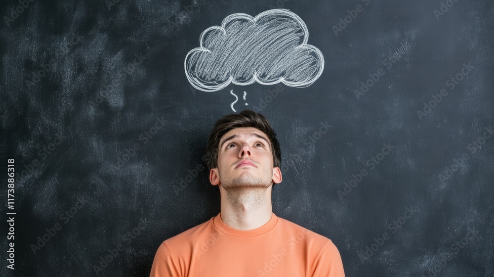 Poster Young student looking up at a thought bubble drawn on a blackboard with question and exclamation marks, expressing curiosity and uncertainty