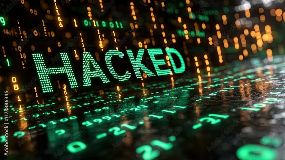 Poster hacked digital word with binary code background.
