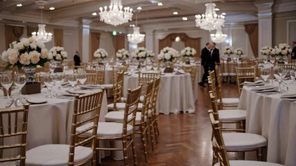 Elegant dining setup for a formal event with floral arrangements in a luxurious venue