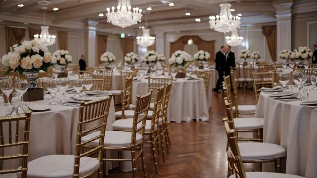 Elegant dining setup for a formal event with floral arrangements in a luxurious venue
