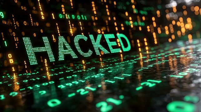 Hacked digital word with binary code background.