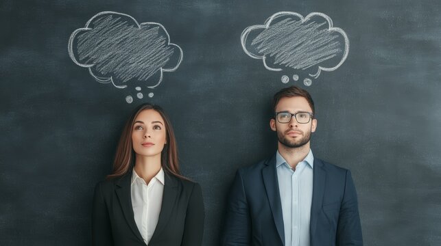 Pensive businesspeople looking up with thought bubbles drawn above their heads on a blackboard, imagining and brainstorming new ideas and solutions for their business