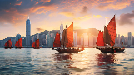 Breathtaking Sunset Over The Vibrant Hong Kong Skyline With The Majestic Victoria Peak In The Distance
