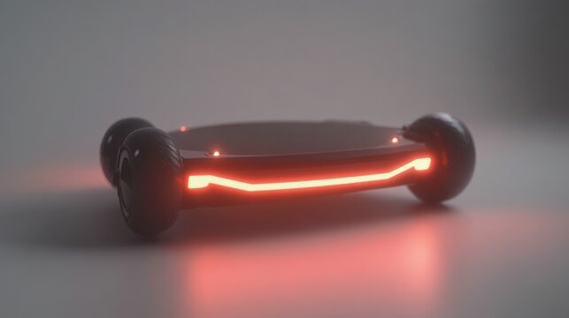 A futuristic hoverboard with glowing red lights. Perfect for personal transportation in a sci-fi setting or game.