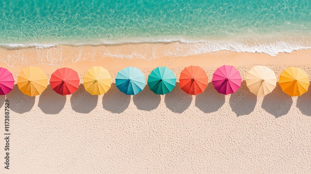 Poster aerial view captures a vibrant row of colorful beach umbrellas on a pristine sandy beach, with the g