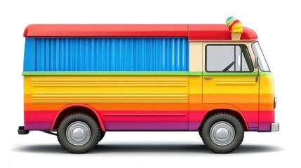 A vibrant rainbow ice cream truck perfect for summer events and promotions. Bring joy and delicious treats to any occasion with this colorful vehicle.