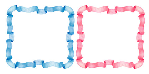 Blue pink frame of vintage ribbon square border banner. For gender reveal party, baby shower. Hand drawn watercolor illustration on white background. Cards, congratulations, invitations, text inside.