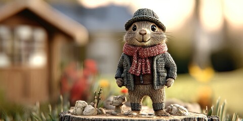 3d animation anthropomorphic groundhog with hat, scarf, and jacket standing in front porch of tree stump house