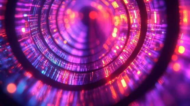 Vivid neon rings create a mesmerizing tunnel effect. Ideal for music visualizations, backgrounds, or abstract art projects. - Powered by Adobe