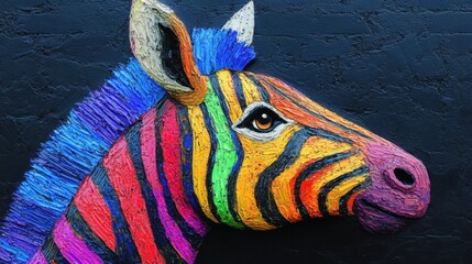 Obraz premium Vibrant zebra mural showcasing a colorful blend of hues against a dark backdrop in an urban setting. Generative AI