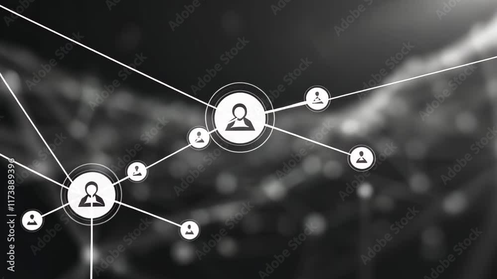 Poster a complex digital network system with interconnected nodes and lines illustrating data flow in a mod