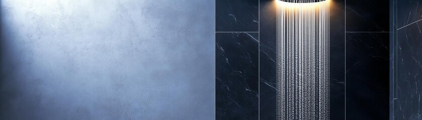 Elegant rain shower with black marble tiles and glowing LED highlights