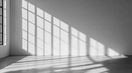 Fototapeta premium Sunlight streams through window casting shadows on a minimalist white room.