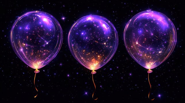 Three transparent balloons glow with purple and gold nebulae against a starry black background. Ideal for space-themed celebrations, birthdays, or digital art.