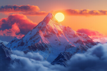 Obraz premium Photo réaliste d’un lever de soleil spectaculaire sur des montagnes, avec des rayons de lumière perçant les nuages et illuminant le sommet