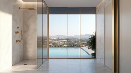 Floor-to-ceiling glass shower with a view of an infinity pool, marble and gold accents