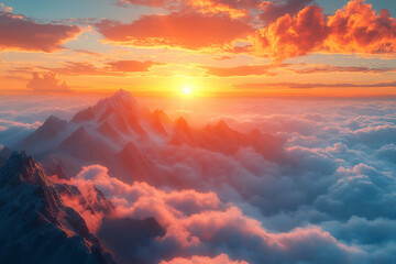 Photo r&eacute;aliste d&rsquo;un lever de soleil spectaculaire sur des montagnes, avec des rayons de lumi&egrave;re per&ccedil;ant les nuages et illuminant le sommet
