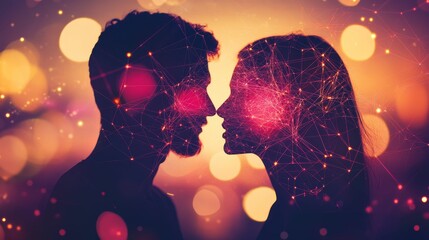 Silhouette couple, interconnected, glowing, romantic, bokeh background.
