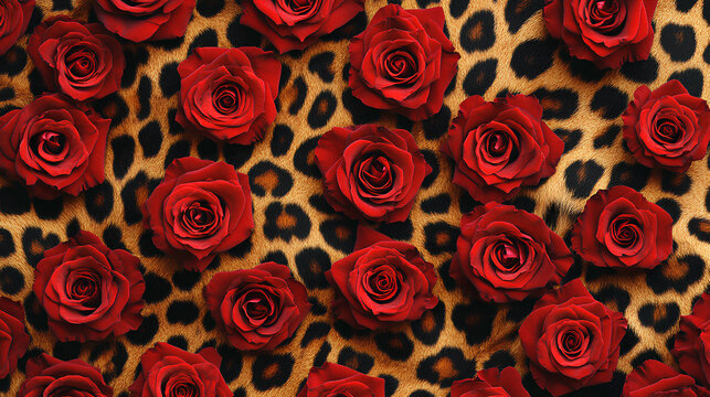 Close up of a bunch of red roses on a leopard print background