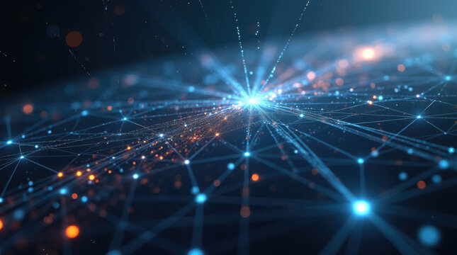 Visual representation of interconnected networks with bright lights and lines demonstrating data flow and communication