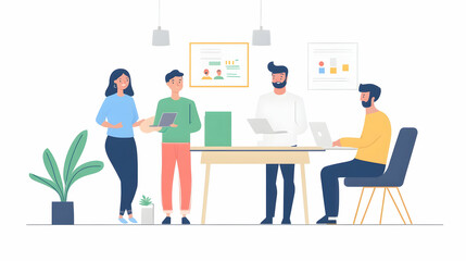 Team members sharing ideas in an eco-conscious office space