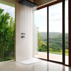 Fototapeta premium Infinity-edge shower with mist effects and a view of tropical landscapes