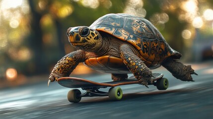 Skateboarding turtle gliding smoothly on a sunny afternoon in a vibrant urban park setting. Generative AI