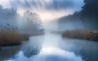 Fototapeta premium Foggy Riverbend, Misty river at sunrise, tranquil water reflecting the sky, reeds along the banks.