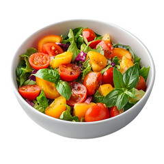 Fresh and Vibrant Salad Bowl: A colorful mix of ripe tomatoes, leafy greens, and fresh basil, offering a visual delight of healthy eating, perfect for culinary projects.