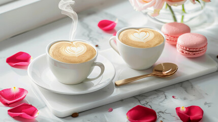 Pair of heart-shaped lattes sit with macarons on a marble tray, surrounded by rose petals and flowers, creating a romantic Valentine's Day mood