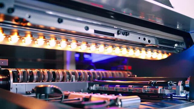 Close-up view of a large-format printer head in action, illuminated by vibrant LED lights. The focus is on the intricate details of the printing mechanism and the dynamic lighting effects.