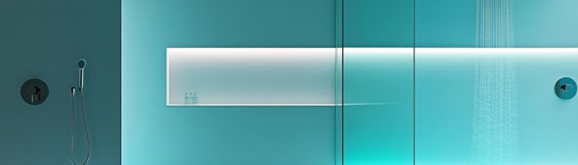 Fototapeta premium Modern spa shower with frameless glass partitions, glowing light strips, and sleek rain heads