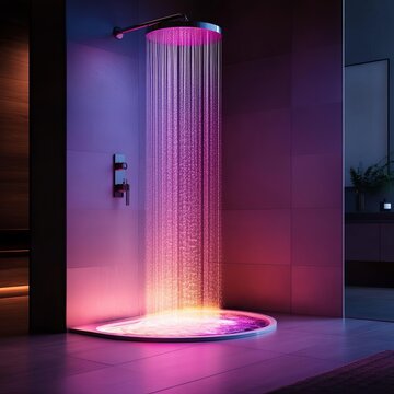 Modern spa shower with glowing chromotherapy lights and cascading water streams