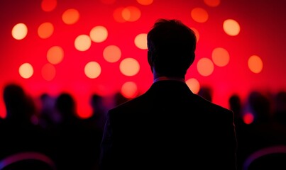 Silhouette of person, red bokeh background, audience blurred.