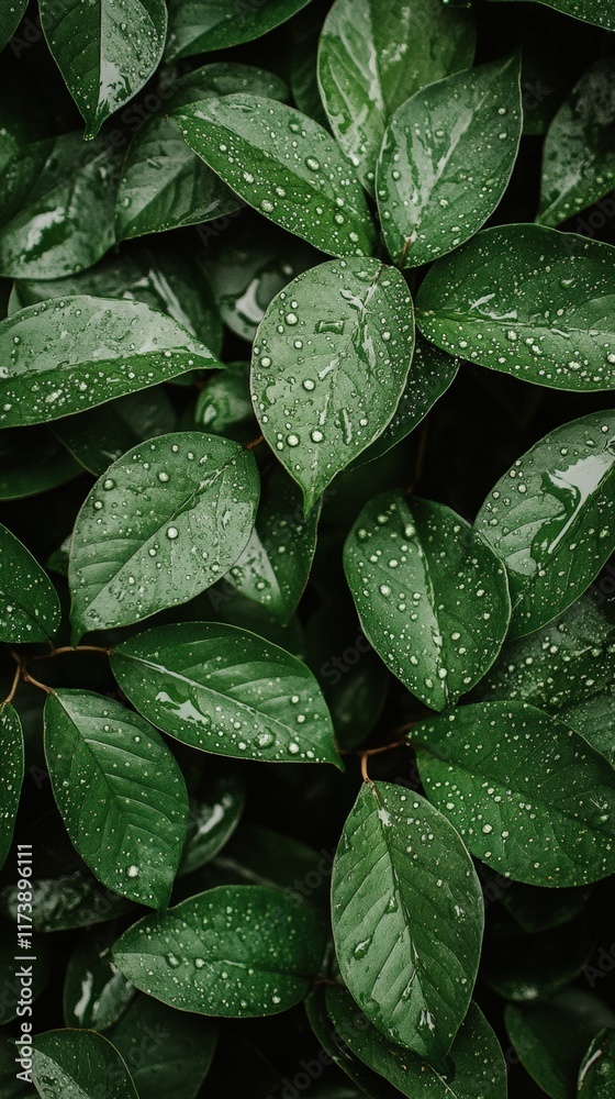 Poster close up view of lush green leaves glistening with water droplets after a refreshing rain shower, cr