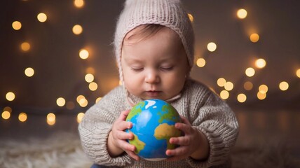 Fototapeta premium A peaceful baby holds a small Earth globe, wearing a knitted hat and sweater, surrounded by gentle, warm lights that create a calming atmosphere