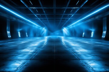 Futuristic corridor illuminated by blue lights in a sci-fi environment. Generative AI