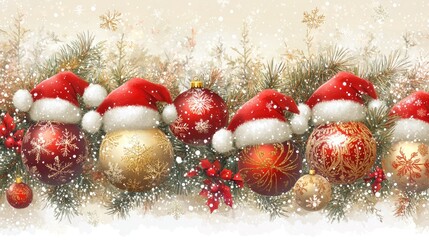 Festive Christmas banner with ornate red and gold balls, Santa hats nestled in snowy pine branches. Ideal for holiday website headers, social media posts, or email marketing campaigns.