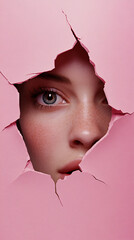 Stylized Portrait of a Woman Peeking Through a Torn Circular Hole in a Pink Background,...