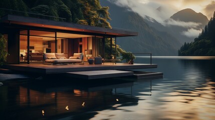 Stunning lakeside retreat offers serene escape at twilight in the mountains. Generative AI