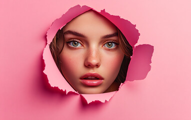 Stylized Portrait of a Woman Peeking Through a Torn Circular Hole in a Pink Background,...