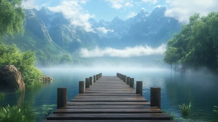 Serene wooden pier stretching into a tranquil lake surrounded by majestic mountains and lush...