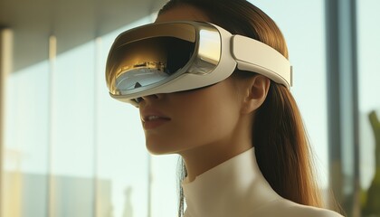 Woman Engaging In Internet Metaverse With Vr Goggles: Exercising, Gaming, Meeting, Shopping, And Communicating In The Future Of Digital Technology