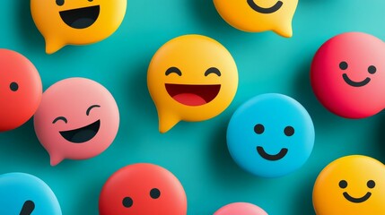 Obraz premium Colorful emoticon shapes on teal background.