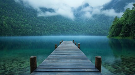 Tranquil dock extending into a misty lake surrounded by lush mountains and soft clouds under a serene morning sky. Generative AI