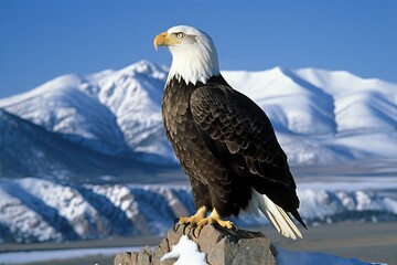 Majestic eagle perches on rocky outcrop with snow-capped mountains in background. Generative AI